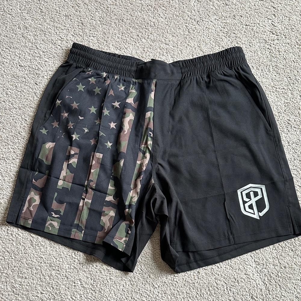 Born Primitive Black and Camouflage Athletic Shorts